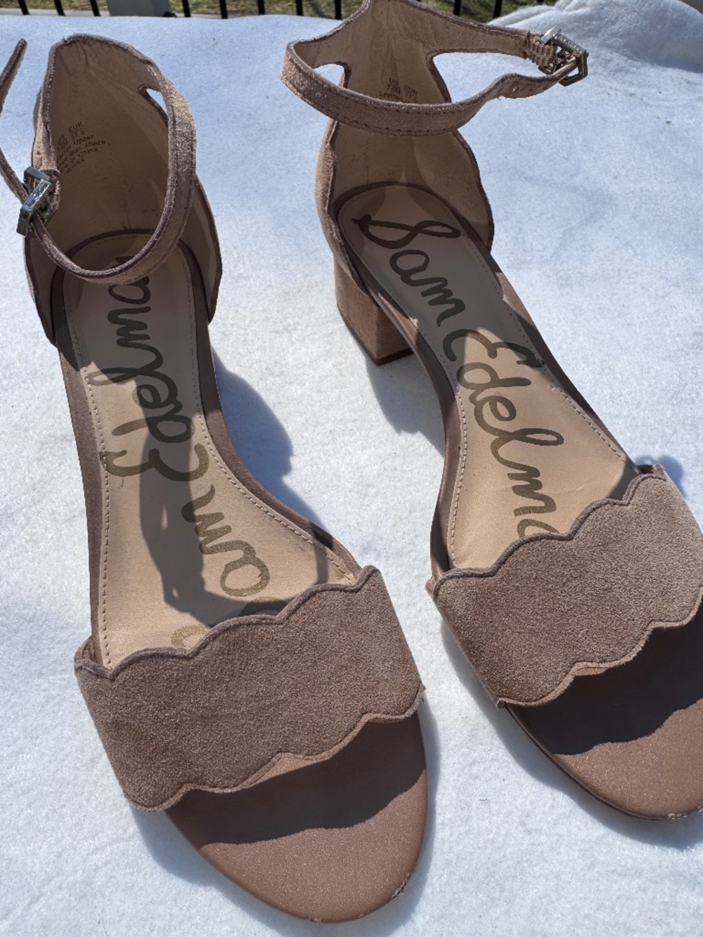 Sam Edelman Inara Scalloped Tan Suede Heeled Sandal Size 7.5